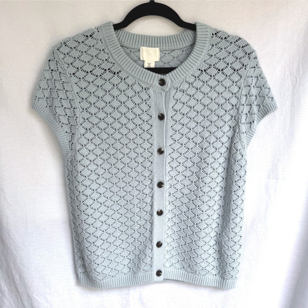 H&M Light Blue Pointelle Knit Short Sleeve Cardigan Medium Cottagecore Coquette